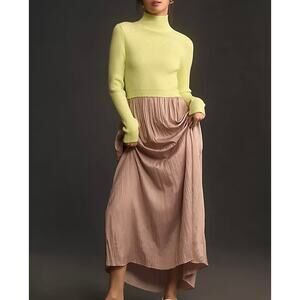 Anthropologie Thea Twofer Ribbed Knit Sweater Maxi Dress Yellow Tan Small
